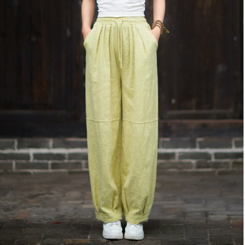 燕燕~秋新款 苧麻砂洗文藝百搭鬆緊腰長褲 哈倫褲 