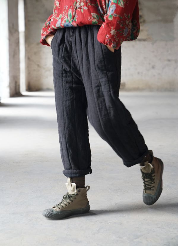 燕燕棉麻～亞麻材質 文藝做舊壓條加厚夾棉直筒棉褲 休閒顯瘦薄棉麻褲 長褲 ab021701 