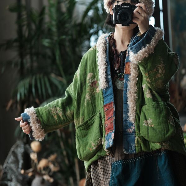 燕燕～復古文藝羊羔絨拼接印花寬鬆棉衣外套 ab226601 