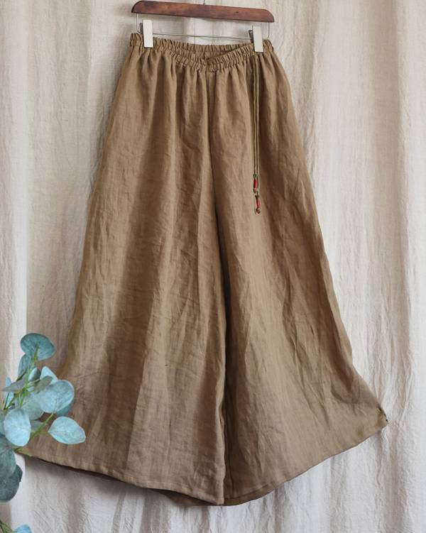 燕燕~棉麻商品~亞麻材質 寬鬆顯高顯瘦闊腿褲 民俗風寬褲 文藝休閒鬆緊腰褲裙 盤扣帶長褲 