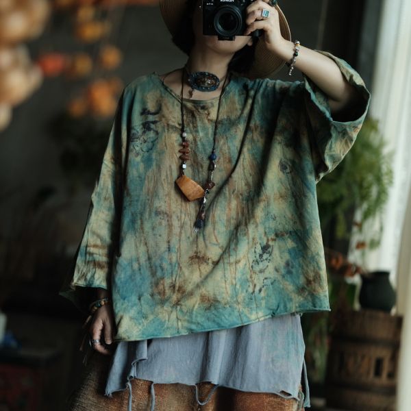 燕燕~復古手工植物染針織棉寬鬆百搭打底T恤 上衣 ab237201 