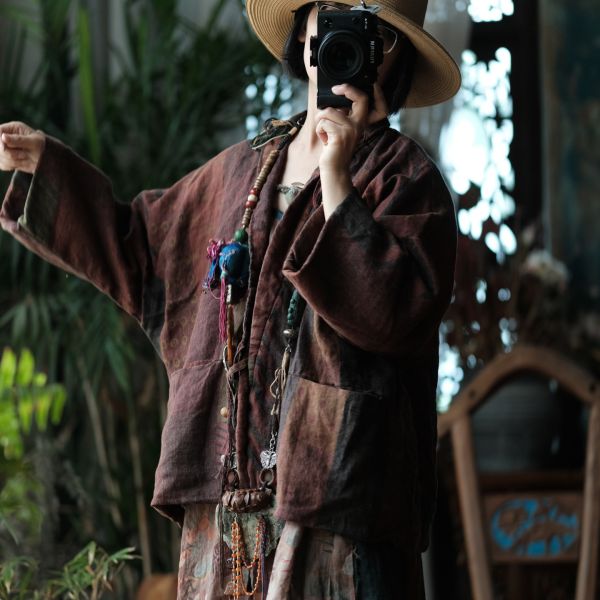 燕燕~棉麻商品~純亞麻 仿香雲紗印花繫帶復古棉衣棉外套   ab192801 