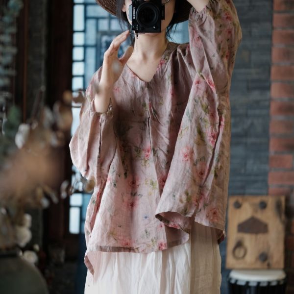 燕燕~春季新款。 純亞麻  復古舒適寬鬆繫帶小衫 上衣 長袖棉麻衫 ab199601 