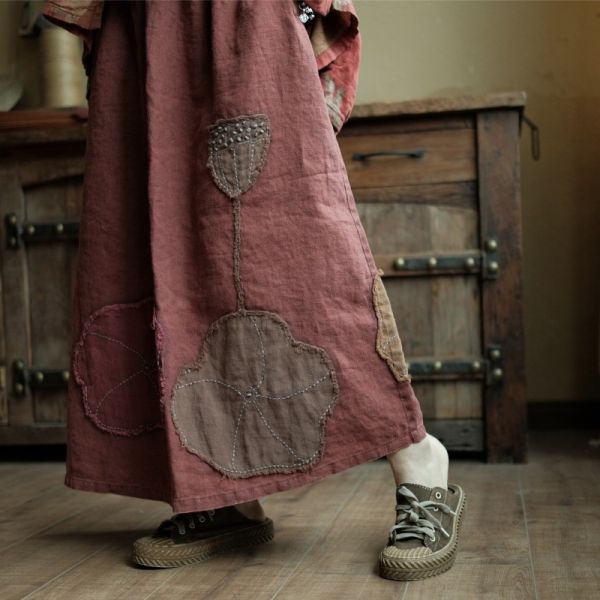 燕燕～春秋款 復古文藝高端水洗亞麻貼花長裙 