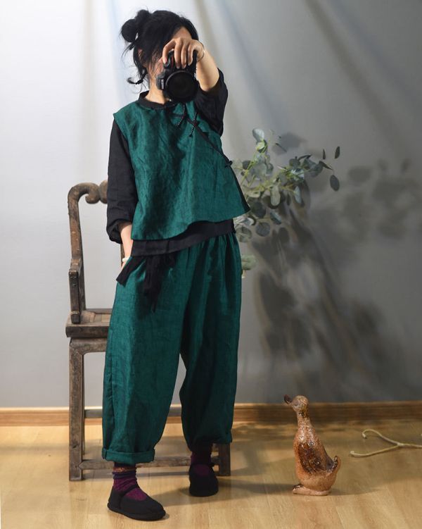 燕燕~春秋新款 色織亞麻寬鬆蘿蔔褲 休閒旅行燈籠褲禪意闊腿褲 