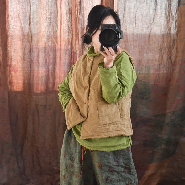 燕燕~秋冬款 保暖苧麻夾棉休閒復古寬鬆圓領對襟棉背心 