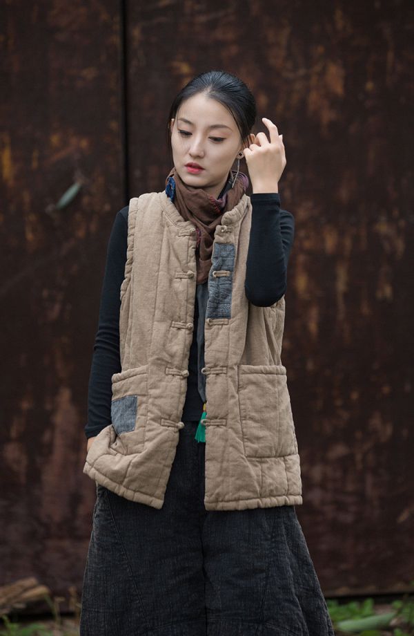 燕燕~秋冬新款 苧麻夾棉絎縫貼布外套 復古個性保暖背心 