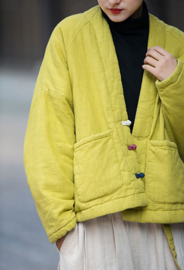 燕燕~棉麻商品~秋冬新品   復古盤扣夾棉上衣女式苧麻保暖短款棉衣外套 