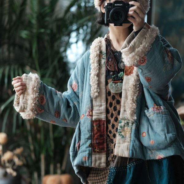 燕燕～復古文藝羊羔絨拼接印花寬鬆棉衣外套 ab226601 