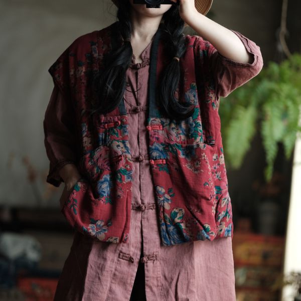 燕燕~棉麻商品~棉麻。  撞色領寬鬆落肩夾棉坎肩背心  ab192601 