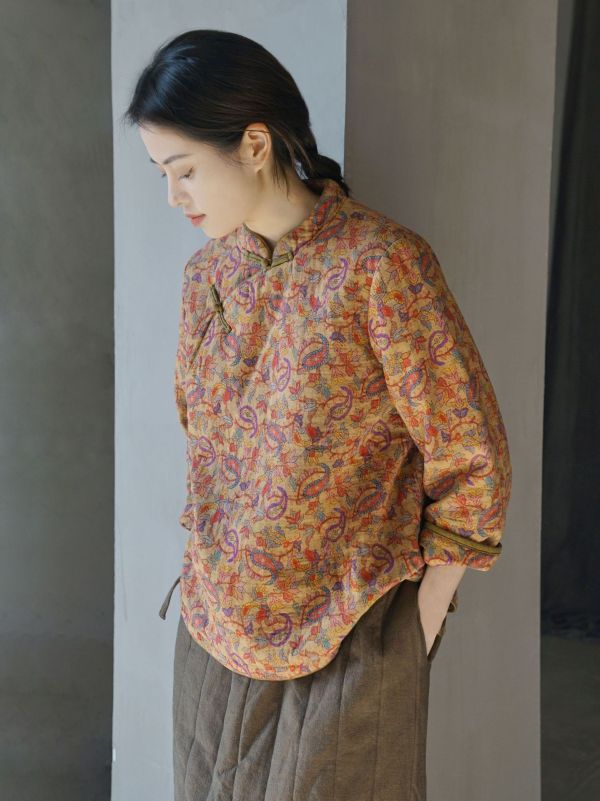 燕燕~數位印花斜襟小棉衣 復古立領加厚茶服棉襖上衣。   ab2328301 