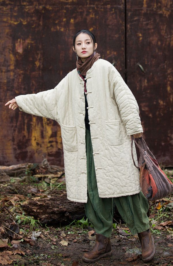 燕燕~冬季新款  苧麻夾棉絎縫豎格棉襖棉服流浪禪意 長袍子 棉衣外套 