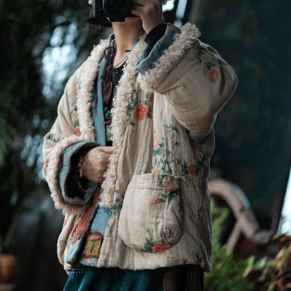 燕燕～復古文藝羊羔絨拼接印花寬鬆棉衣外套 ab226601 