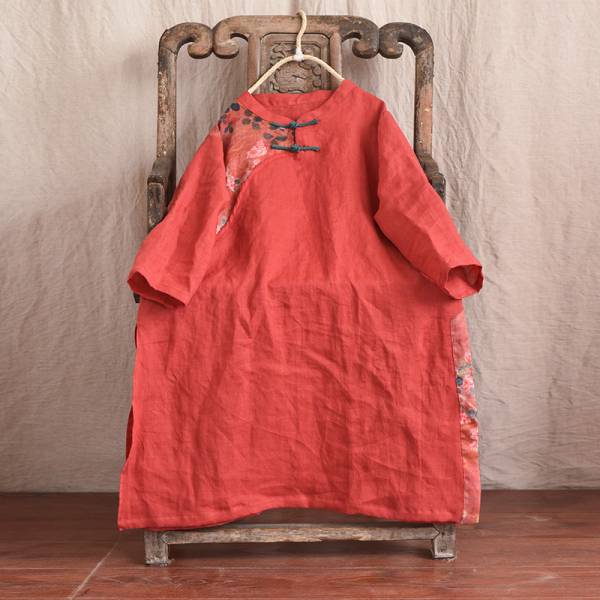 燕燕~棉麻商品 苧麻材質 旗袍款式 復古拼布百搭中長款長版上衣 可當洋裝 連身裙 