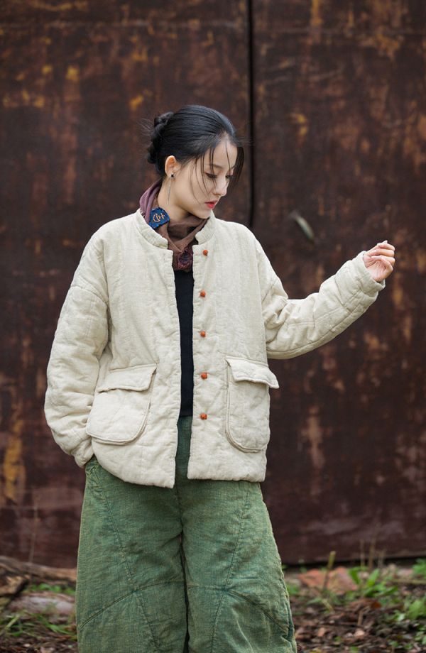 燕燕~冬新款  苧麻夾棉絎縫保暖棉服改良盤扣立領百搭女式短棉衣 外套 
