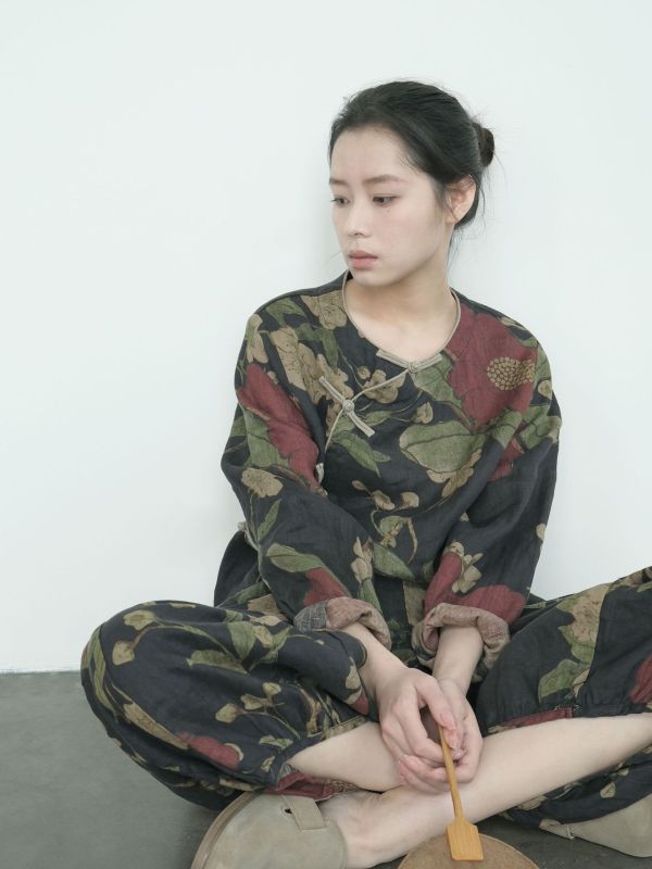 燕燕~亞麻 復古繁花圓領襯衫 民族感大氣斜襟盤扣上衣  ab2409301 