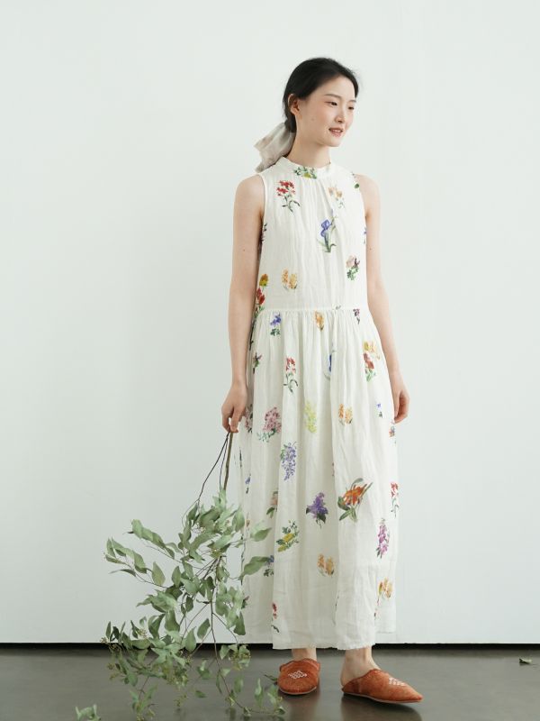 燕燕～春夏款 苧麻 復古簡約雙層印花長裙 文藝田園高腰繫帶洋裝 連身裙 ab2508401 