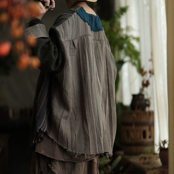 燕燕~秋款 復古文藝棉麻拼色外披薄外套 ab234901 