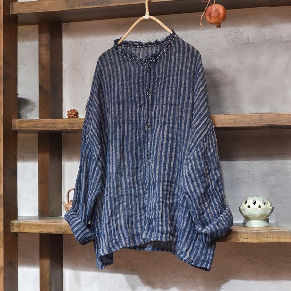 燕燕~ 亞麻   稀疏條紋色織砂洗毛邊外套 百搭長袖休閒寬鬆麻衫 