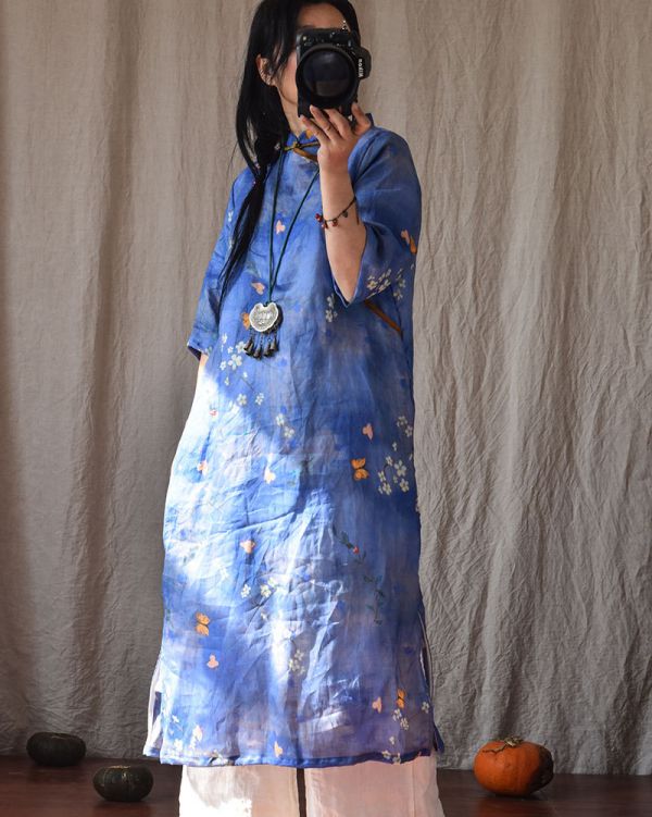 燕燕~棉麻商品 印花苧麻材質 長款斜襟盤扣茶服 洋裝 連身裙 