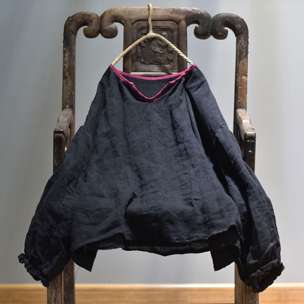 春夏新款 亞麻材質燈籠袖襯衫  木耳邊鬆緊袖上衣 