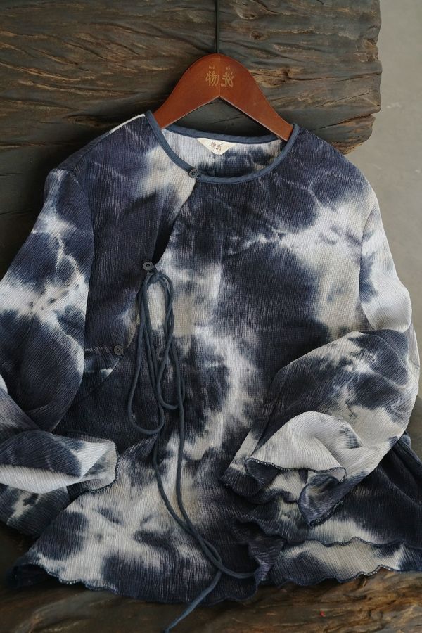 燕燕~全新中式斜襟寬袖皺布襯衫 早秋復古紮染寬鬆上衣 ＋長裙 可搭配套裝 ab2228301 