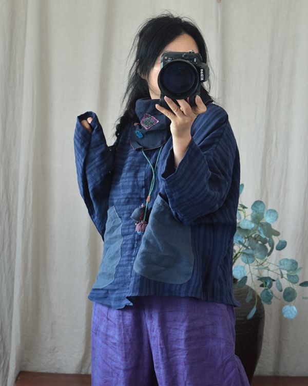 燕燕~亞麻材質 個性拼布大口袋 圓領寬鬆上衣 女式襯衫  