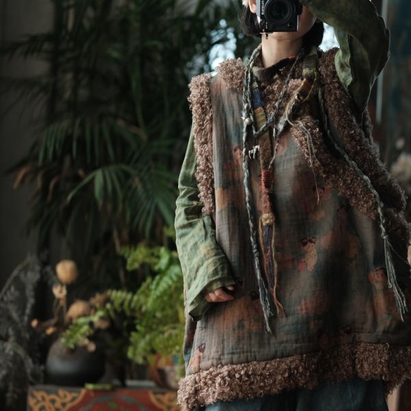 燕燕~秋季新款 復古斜襟盤扣羊捲毛夾棉棉衣棉服背心 外套 ab2224101 (娃娃款） 