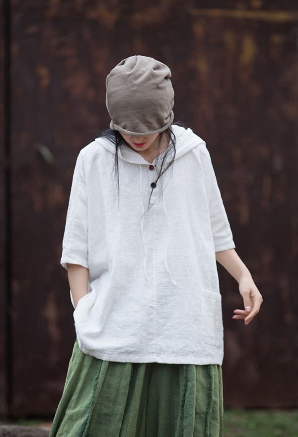 燕燕~夏季 苧麻棉 砂洗盤扣連帽防曬上衣  短袖棉麻衫 