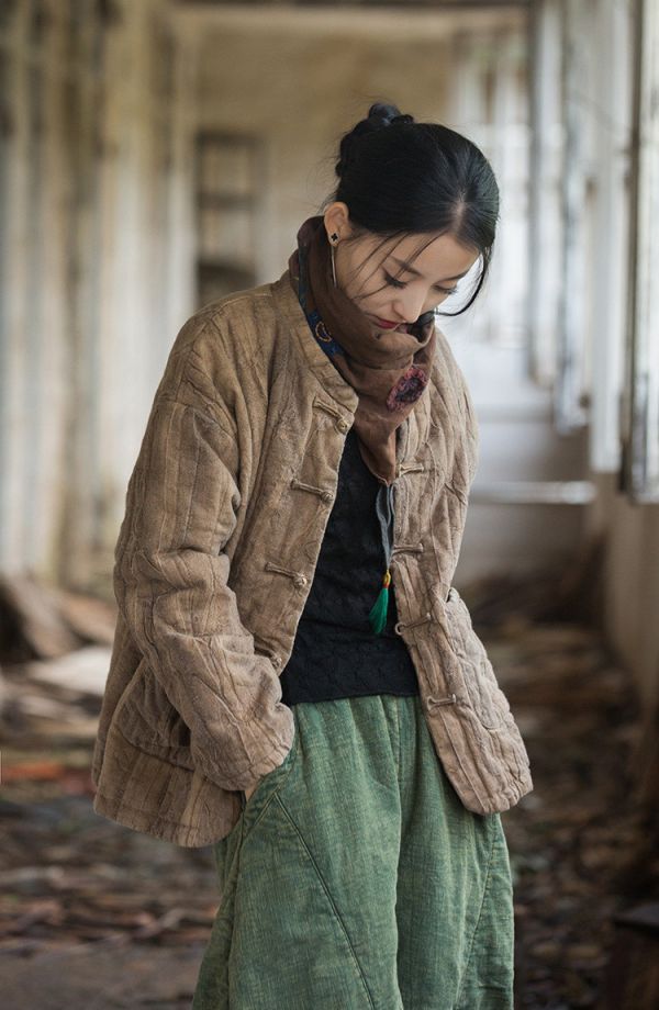 燕燕~冬季新款 苧麻紮染夾棉絎縫保暖棉服棉襖 棉衣外套 