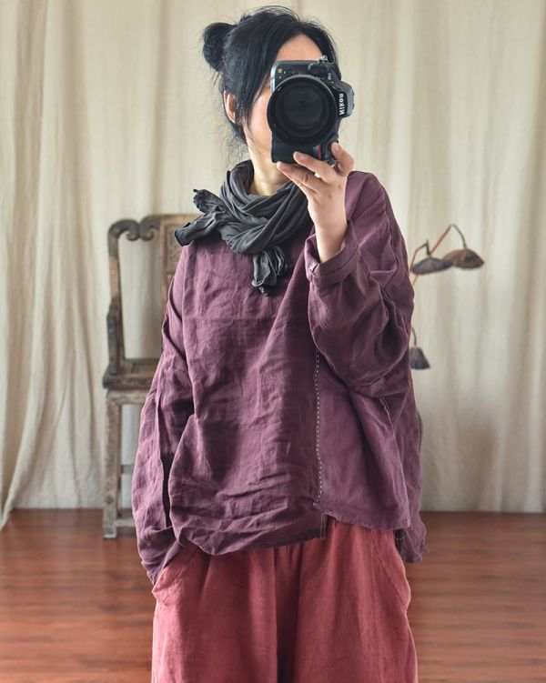 燕燕~春秋款 棉麻  文藝復古拼布 針跡繡線休閒圓領上衣 外套 