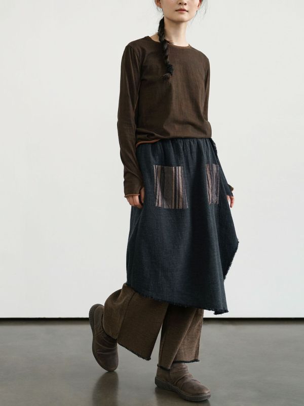 燕燕~秋冬款 復古色織棉麻個性不規則漁夫直筒褲 兩穿褲 ab2434701 