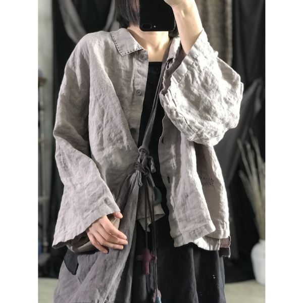 燕燕～春秋款。亞麻 簡約娃娃領手縫線跡開衫短款外套小衫 上衣  長袖棉麻衫 