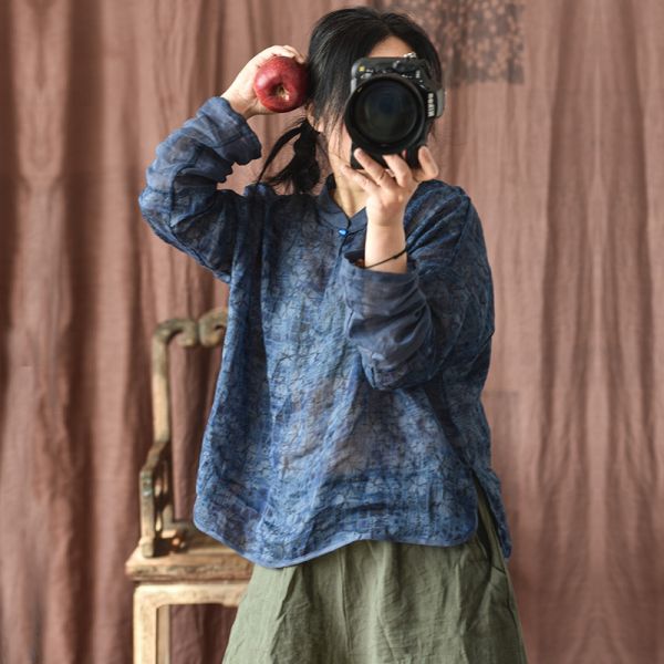 燕燕~棉麻商品~苧麻 香雲紗印花款  禪意茶服 襯衫 藍上衣 
