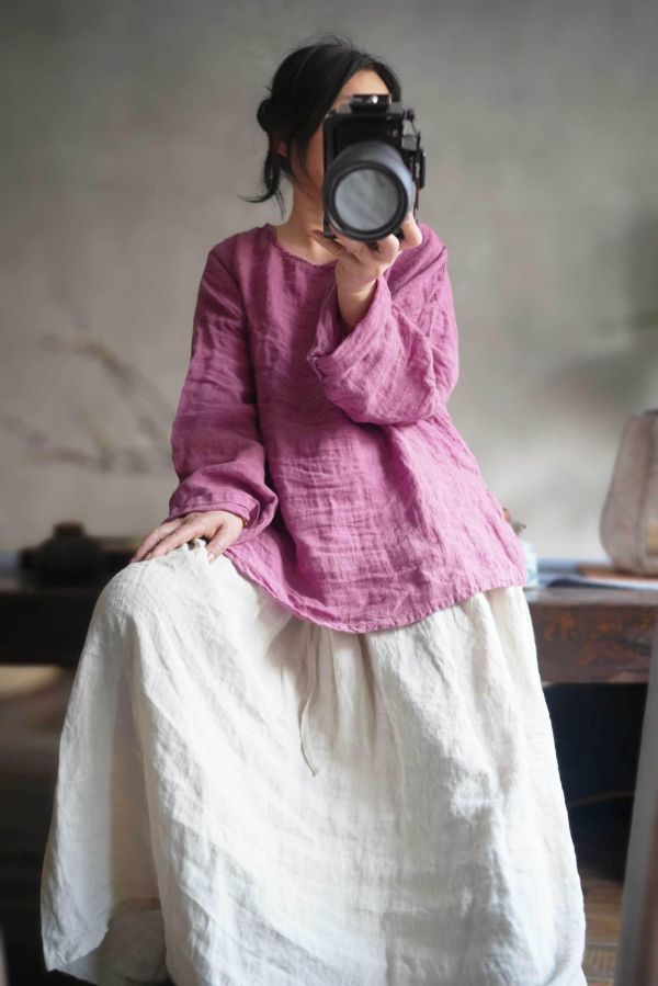 燕燕~亞麻寬鬆復古文藝休閒長裙 