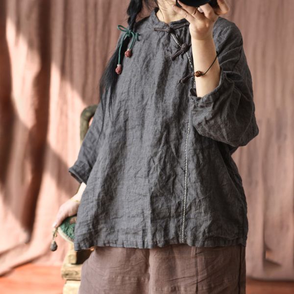 燕燕~棉麻商品~亞麻 復古色織格子套頭短袍子 襯衫外套 長袖棉麻衫 