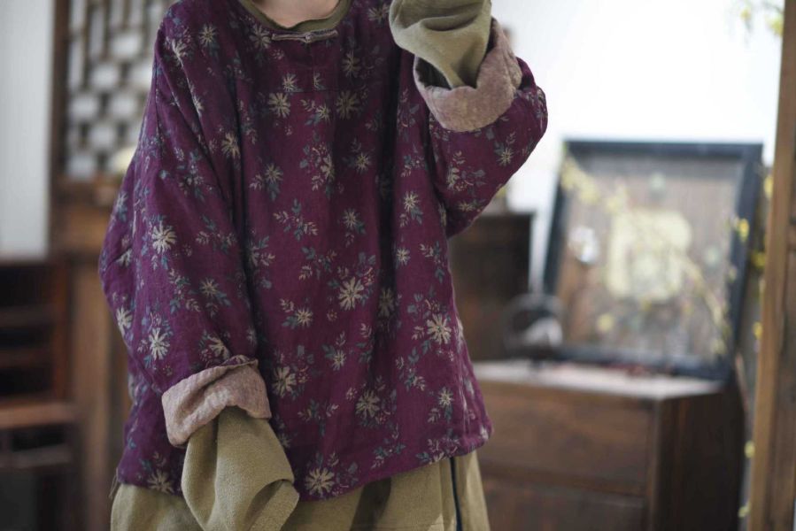 燕燕～秋冬款～亞麻套頭手工扣夾棉上衣 ab25601 