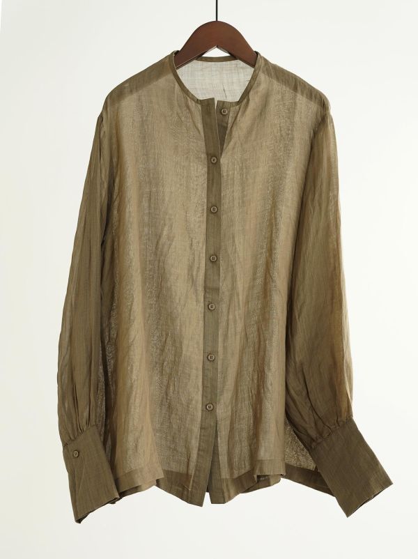 燕燕~春季法式～復古襯衫輕盈薄透寬鬆長袖小圓領苧麻休閒襯衫 ab2632601 