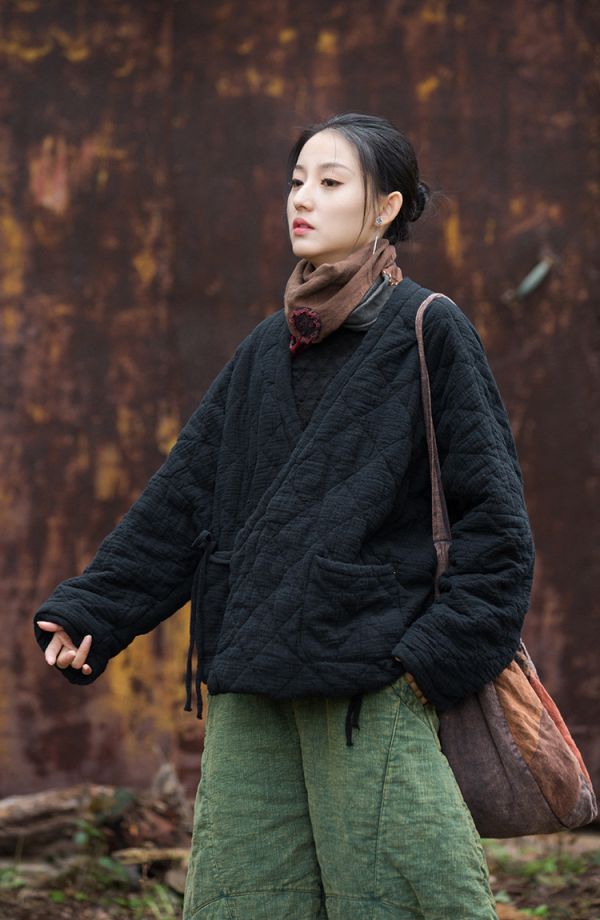 燕燕~秋冬新款  夾棉絎縫保暖棉服文藝隨性禪意風菱格女式短棉衣外套 