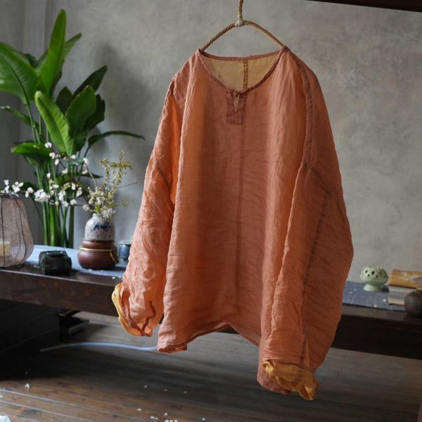燕燕~四季款 雙色苧麻 雙面穿 盤扣長袖女襯衫 文藝復古圓領上衣 