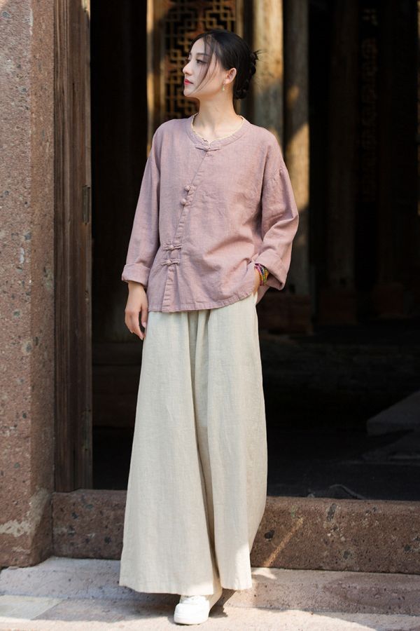 燕燕~秋冬新款 苧麻砂洗設計小衫 盤扣領花邊國風改良襯衫 上衣 