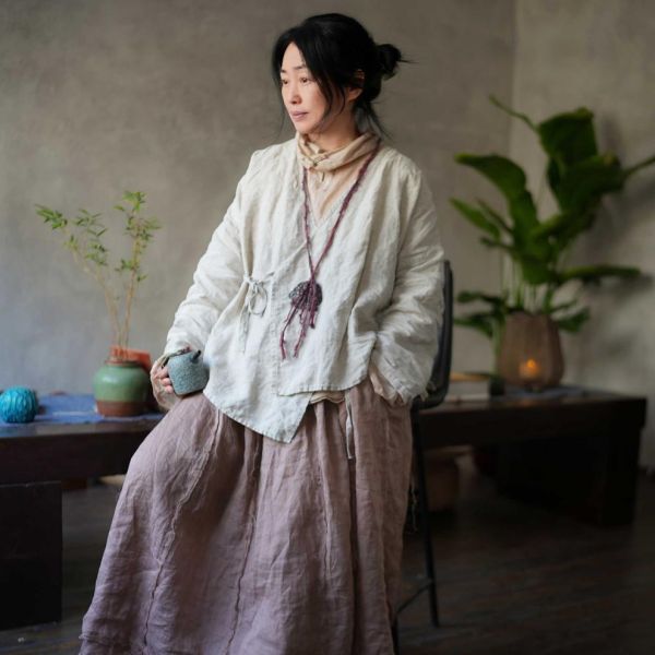 燕燕~砂洗亞麻 傳統交領繫帶百搭長袖襯衫 上衣小開襟衫 