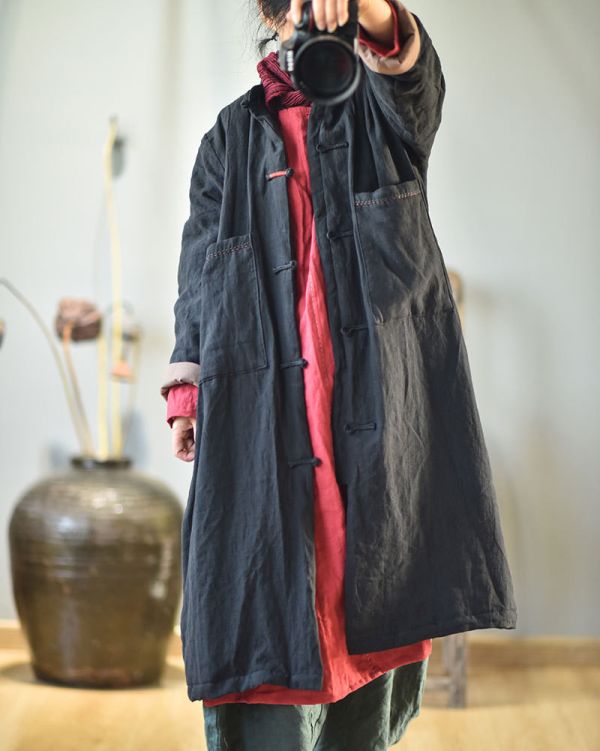 燕燕~亞麻~秋季新款 復古文藝長版加棉保暖中式棉襖棉衣 外套 