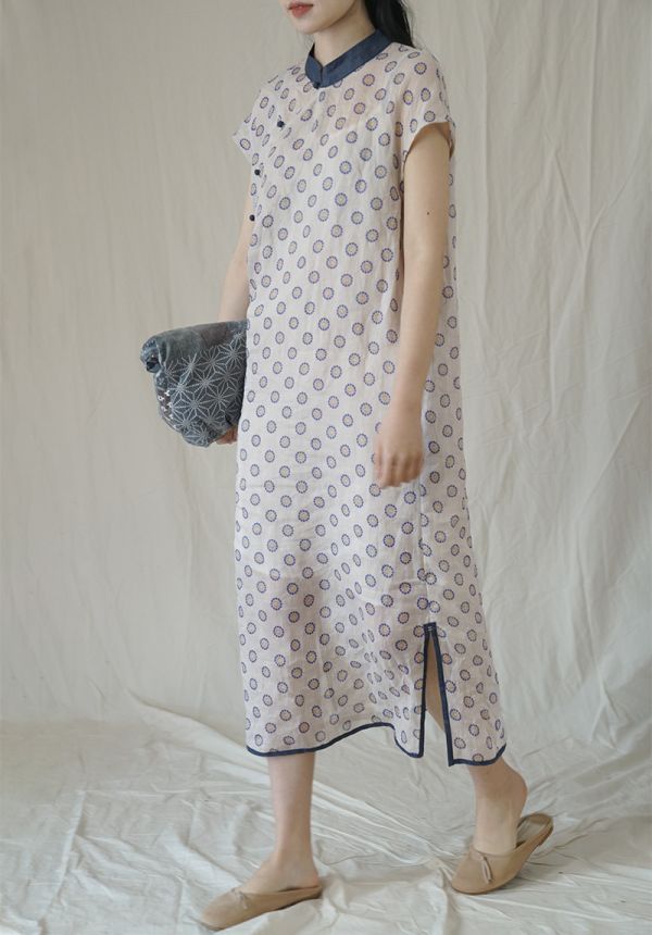 燕燕~苧麻  印花長旗袍 洋裝 連身裙 ab2222201 