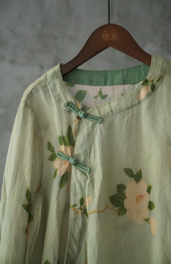 燕燕~苧麻 斜襟數碼印花襯衫 文藝茶服玉蘭上衣. ab2221001 