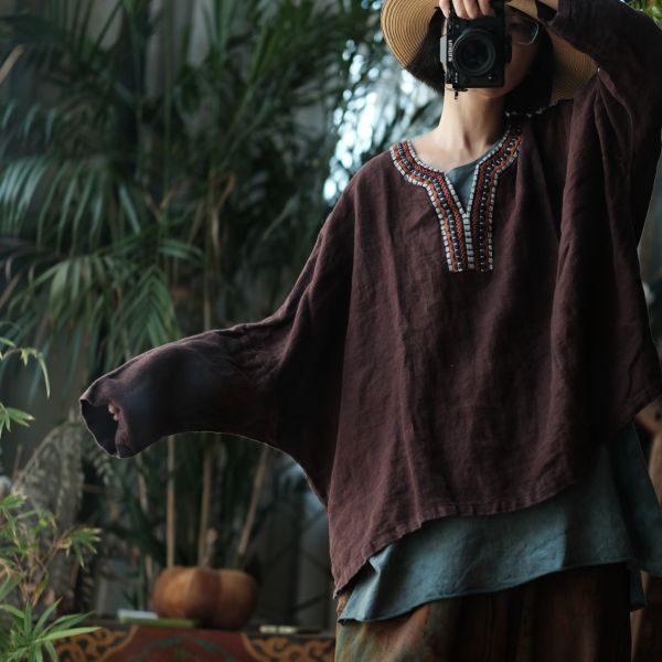 燕燕～春季新款 純亞麻 水洗領口拼接繡花片蝙蝠袖襯衫上衣 長袖棉麻衫 ab202201 