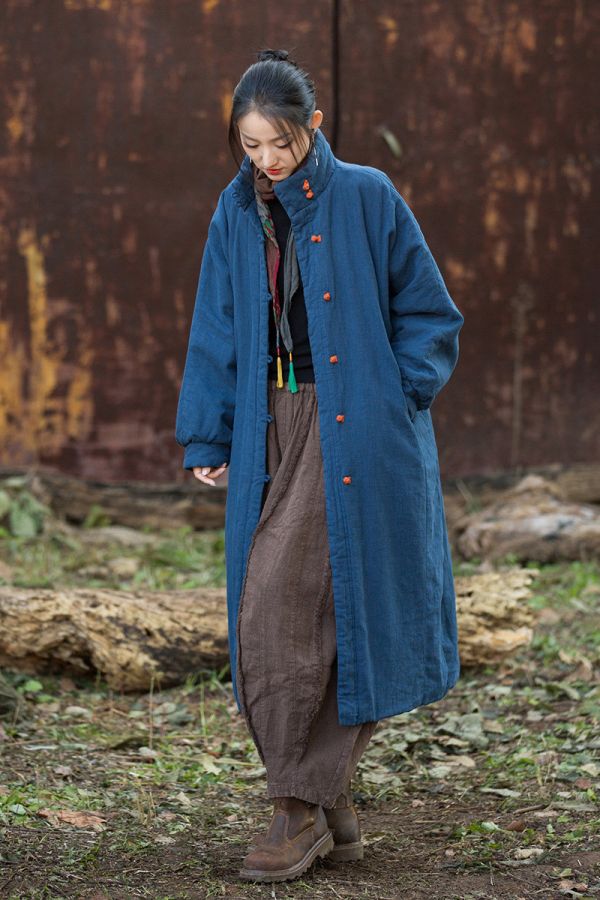 燕燕~冬季新款 寬鬆復古砂洗盤扣長棉服夾棉保暖棉衣外套 長大衣 