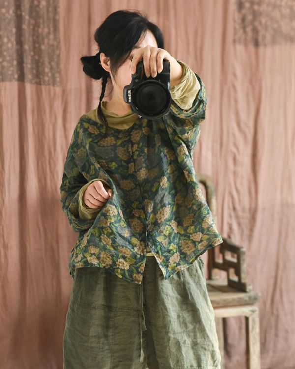 燕燕~棉麻商品~春秋夏款  輕薄苧麻. 數碼印花文藝復古長袖 上衣 女式襯衫 外套 