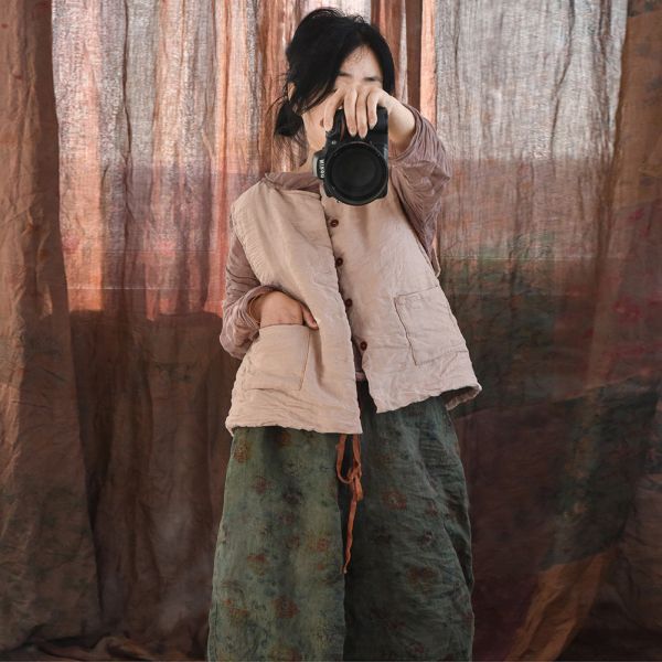 燕燕~秋冬款 保暖苧麻夾棉休閒復古寬鬆圓領對襟棉背心 