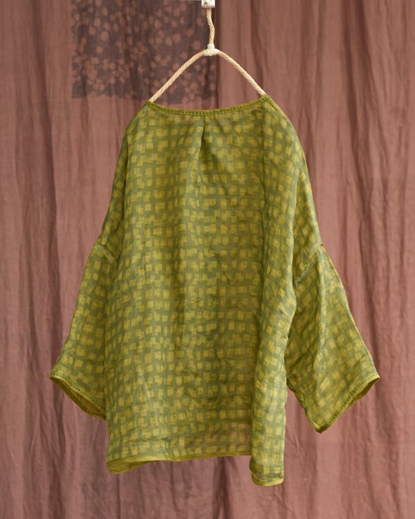 燕燕~棉麻商品~苧麻 染色數碼印花七分袖襯衫 夏季輕薄手縫線麻開衫 